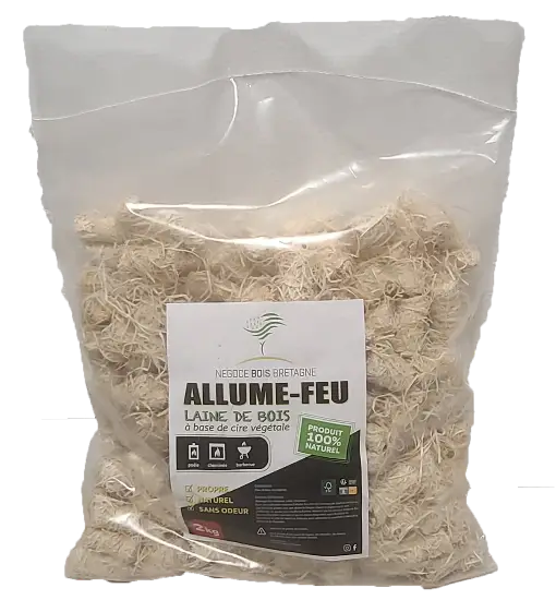 Sac de 2 kg d’allume-feu en laine de bois et cire végétale, 100 % naturel